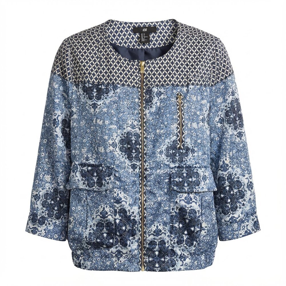 H&M Blue Bomber Jacket with Ornate Design
